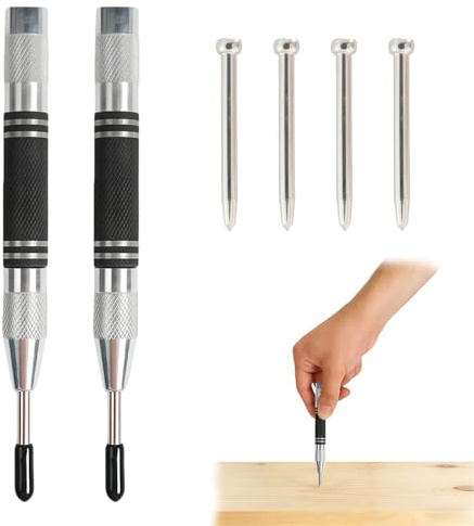 2 Pack Automatic Center Punch,Adjustable Spring-Loaded Impact Punch for Metal,Wood & Glass,with 4 Replacement Tips,One-Handed Hole Punch with Anti-Slip Grip, Precision Marking Tool for DIY & Workshop