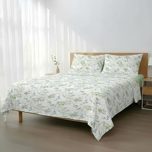 H HANSEL HOME Juego de Sábanas Cama 150, Juego Sábanas 150x190/200cm 4 Piezas, Microfibra Extra Suave, Sábanas Bajera Ajustable, Encimera, 2 Fundas de Almohada - Ramas Verdes