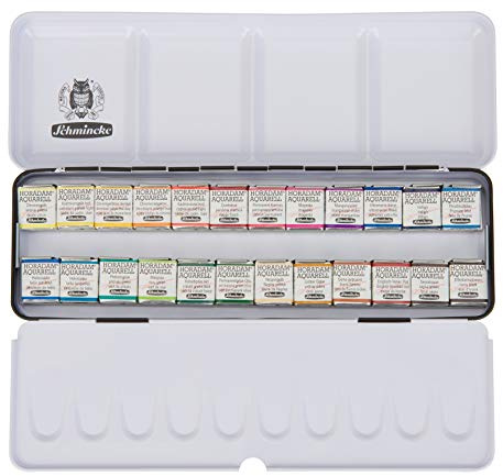 Schmincke - HORADAM AQUARELL paint box with 24 finest watercolours, 74424097, black metal box, painting set, premium watercolours, 24 x 1/2 cells
