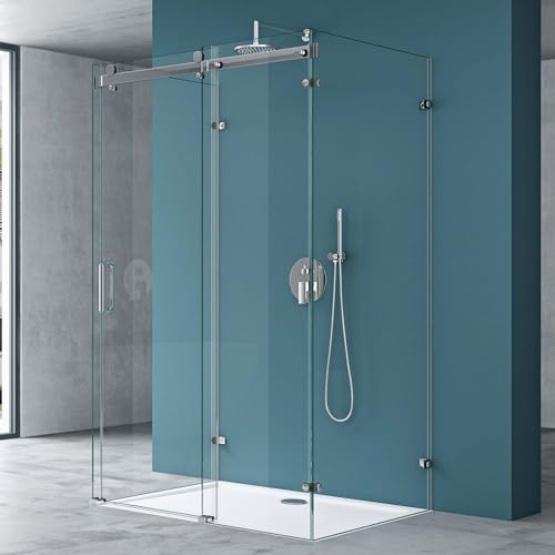 Mai & Mai U-Form Duschkabine 90x150x90cm Rahmenlos Höhe:195cm 8mm Schiebetür Duschabtrennung ESG Nano Klarglas 4-Punkt Halterung Duschwand Rav17-2UK