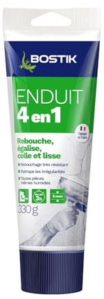 BOSTIK Enduit Mural 4 en 1 Pâte – Rebouche, Egalise, Lisse, Colle – Intérieur/Extérieur – Couleur : Blanc – Tube de 330g