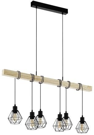 EGLO Pendellampe Townshend 5 6 flammige Vintage | Pendelleuchte im Industrial Design, Retro Hängelampe aus Stahl und Holz, Farbe: Schwarz, braun, Fassung: E27