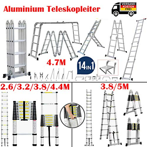 3.2M Teleskopleiter Aluleiter Rutschfester Stehleitern Mehrzweckleiter Fingerklemmschutz Auszeihbar Schiebeleitern 11 sprossen Klappbar bis 150 KG/330 Pfund Belastbarkeit