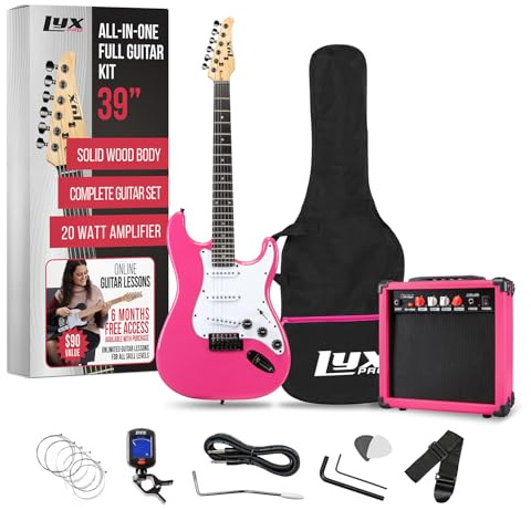 LyxPro 39 inch Full Size Electric Guitar with 20w Amp, Package Includes All Accessories, Digital Tuner, Strings, Picks, Tremolo Bar, Shoulder Strap, and Case Bag Complete Beginner Starter kit - Pink