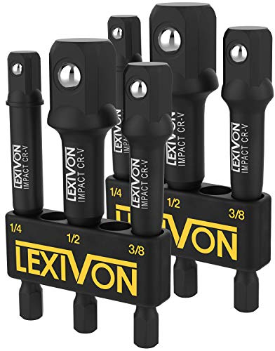 LEXIVON Adaptateur Douille Visseuse 6 Pièces (7,5 cm) Porte Embout Visseuse a Choc, Adaptateur 1/4 3/8 1/2 (6,3 mm, 9,5 mm, 12,7 mm) Douille a Choc Pour Tournevis ou Perceuse-Visseuse (LX-101x2)