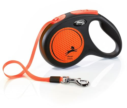 flexi® Neon M | 5 m retractable tape leash for dogs up to 25 kg | Black / neon orange | retractable dog lead | Weight: 280 g | Dimensions: 11.6 x 18.8 cm