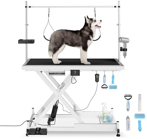 Heavy Duty Electric Lifting Pet Dog Grooming Table for Large Dogs with Overhead Arm, Anti-Skid Rubber Desktop and Powerful Motor, 50'' / White