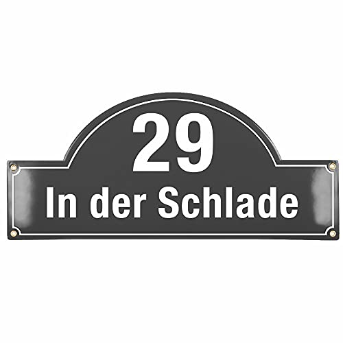 Sosenco Hausnummerschild Hausnummer mit Straßenname - 27x60 cm - Keramik Emaille - Wetterfest - Personalisiert (Anthrazit)