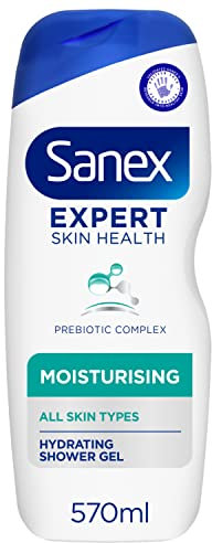 Sanex Expert Skin Health Moisturising Shower gel 570ml - body wash for men & women - gently cleanses - hydrates & softens skin - 12h hydration - advanced prebiotic complex formula - vegan