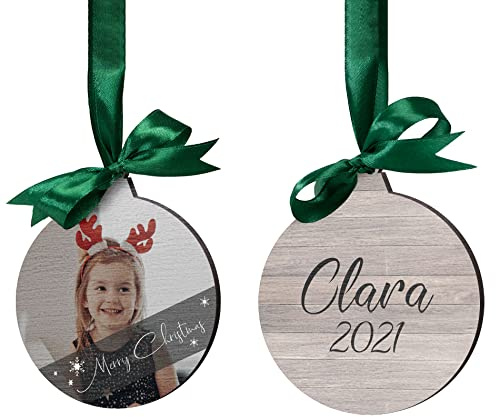 Personalisierter Weihnachtsbaum Schmuck - Weihnachtskugel mit Namen und Foto - Christbaumschmuck Anhänger Holz - Holzanhänger Geschenkanhänger Weihnachten gestalten