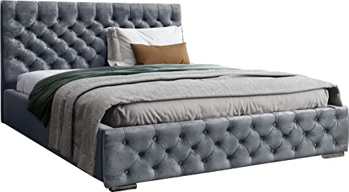 WFL GROUP Samtstoff Polsterbett Doppelbett 140x200 160x200 180x200 cm Bettgestell Mit Bettkasten Lattenrost und Gestepptes Kopfteil - Hydrophobe Stoff - Chesterfield-Stil - Grau - 160 x 200 cm