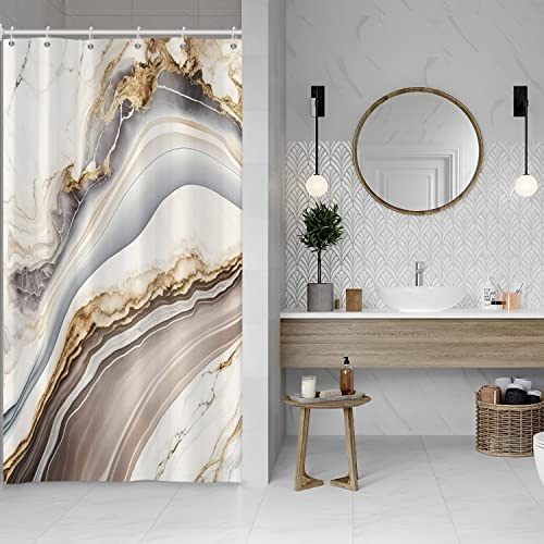 Bovlleetd Marmo Champagne Tenda da Doccia 90x183cm Moderno Lusso Grigio Decorativo Elegante Semplicità Tenda da Doccia Impermeabile Lavabile in Poliestere Tende da Bagno con 6 Ganci per Vasca da Bagno