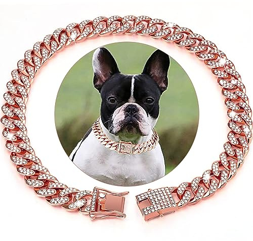 HIAOCEEY Roségoldene Hundekette, kubanisches Halsband mit Diamant-Design, sichere Schnalle, kubanischer Kristall-Schmuck, Halsband, Halskette, Zubehör für Hunde und Katzen (Roségold, 20,3 cm)
