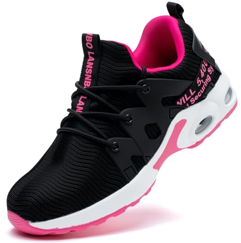 LANSNBO Steel Toe Shoes for Women Indestructible Safety Work Shoes Air Cushion Lightweight Breathable Utility Sneakers Puncture Proof Slip Resistant Composite Toe Footwear（HEI Hong 37.5 Black,red