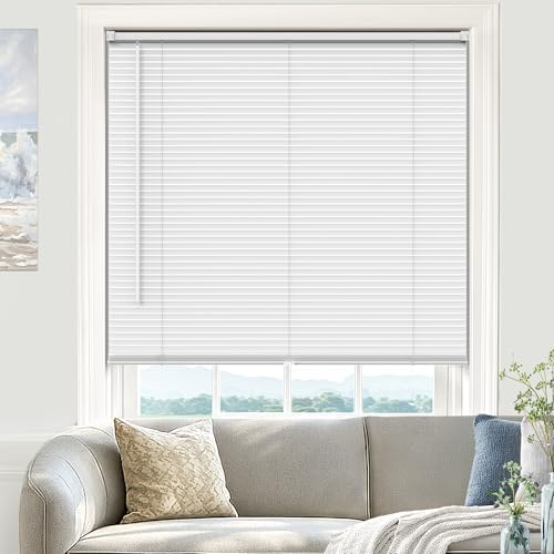 UNISHADES Blinds for Indoor Windows 1 Vinyl L-Shaped Slats Cordless Mini Blinds for Home, 34 W × 64 H - White