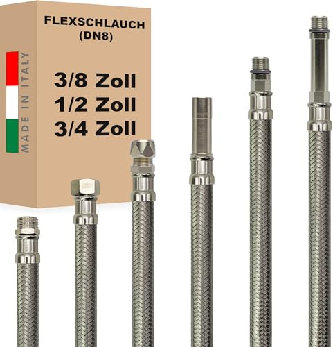 Flexschlauch DN8 3/8 - 1/2 - 3/4 - M10 Edelstahl Panzerschlauch Sanitär WC Bad Dusche Küche - Made in Italy (3/8 AG x 1/2 ÜM, 30 cm)
