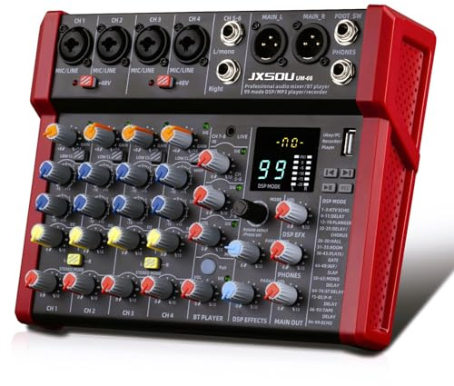 JXSOU 8-Channel Audio Mixer, DJ Mixer, Sound Board Console with 99 DSP Effects, Bluetooth Mixer Input 48V Phantom Power Stereo USB XLR Mixer For Karaoke Studio PC Recording