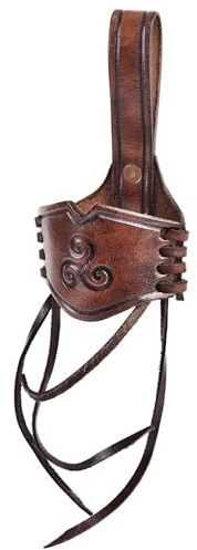 Ulfberth | Leder Hornhalter für Trinkhorn mit geprägter Triskele| Gürtelhalter für Trinkhörner |Gürtel-Horn-Halter | Mittelalter Wikinger LARP (Dunkelbraun, 0,4 l - 0,9 l)