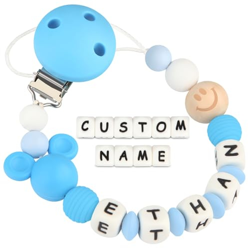 Kowlone Schnullerkette mit Namen Jungen mädchen Silikon Beißring Personalisiert Maus Schnuller Clips Halter(Blau)