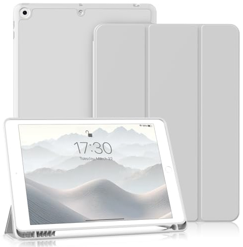 BQDIYOO Hülle für iPad 9. / 8. / 7. Generation mit Stifthalter 10.2 Zoll für iPad 9/8/7 (2021/2020/2019), Weiche Silikon Schutzhülle, Auto Schlafen/Wache, Grau