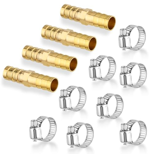 4 Pack 3/8 Hose Repair Kit - Brass Air Hose Connectors with Stainless Steel Pipe Clamps for Water/Fuel/Air