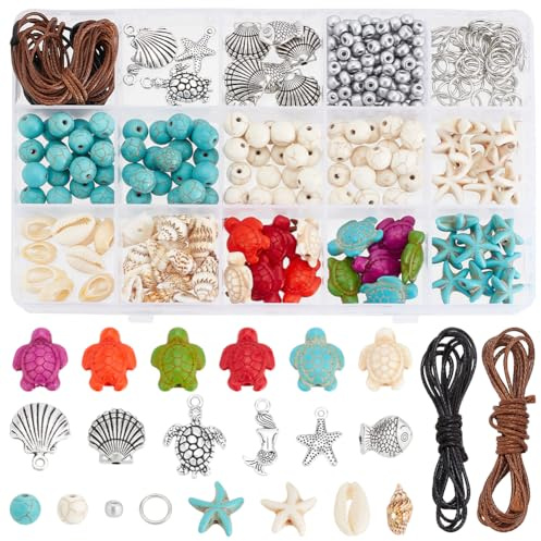PH PandaHall 336pcs Ozean-Schmuck machen Kit Türkis Schildkröte Perlen Seestern Muschel Perlen Charms Schildkröte Anhänger für Sommer Strand Halskette Ohrring Armband Fußkettchen machen