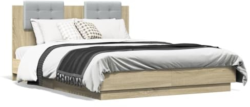 Tidyard Bettgestell mit Kopfteil Futonbett Bett Holz Doppelbett/Einzelbett Futonbetten Komfortbett Bettrahmen Schlafzimmerbett und LED Sonoma-Eiche 120x190 cm