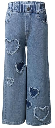 Linjinx Enfant Fille Jeans Pantalon Jambes Larges en Denim Pantalons Jeans Casual Pantalon Baggy Bootcut Déchiré Jeans Tregging Pantalons Cargo pour 5-16 Ans Bleu 7-8 Ans