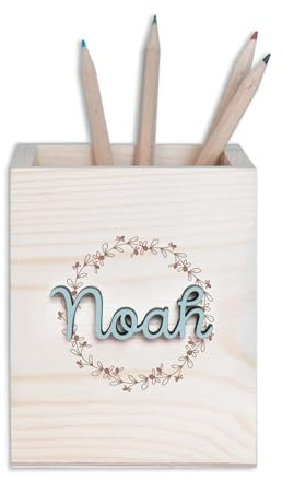 hellomini Stiftehalter, Personalisiert & aus Holz, Stifteköcher Schreibtisch, Einschulung, Einschulungsgeschenk für Kinder, Geschenk zur Einschulung, Schulanfang (Blumenkranz Gravur)