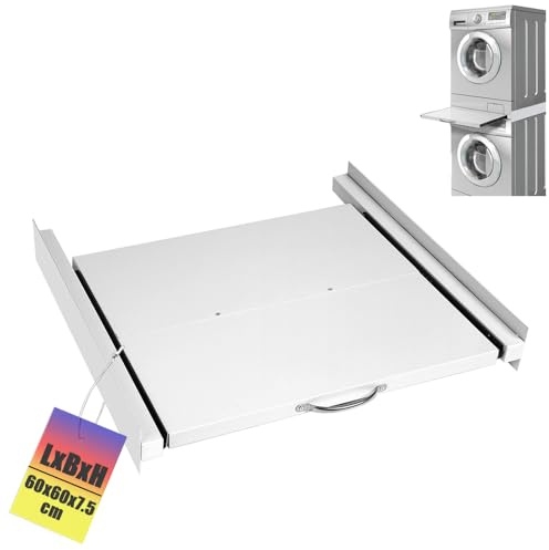 Universell Verbindungsrahmen mit Ausziehplatte für Waschmaschine Trockner | 60x60 cm, Max. 10kg, Zwischenbaurahmen Waschmaschinenzubehör Trocknerzubehör für Wäschekorb, Weiß