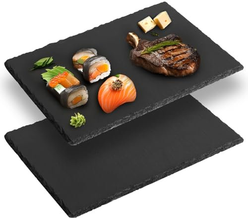DBREAKS 2x Platos de Pizarra Natural, 22x14 cm Bandeja, Antideslizantes para Sushi, Tabla de Aperitivos, Rectangulares de Piedra, para Servir Quesos, Embutidos