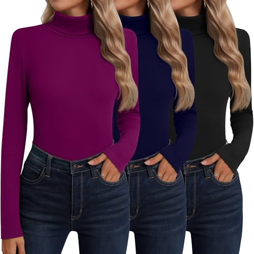 Neer 3 Pack Womens Cotton Turtleneck Long Sleeve Thermal Tops M 3Color