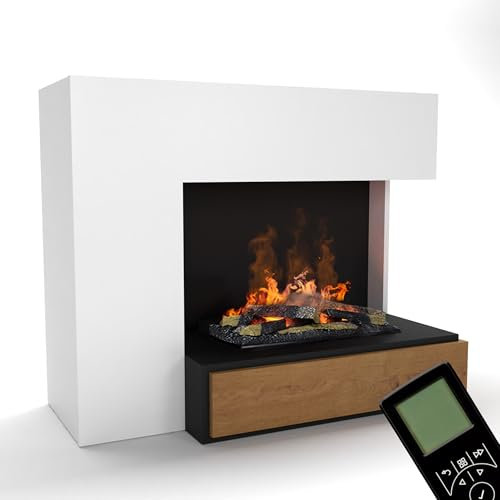 GLOW FIRE Wasserdampf Kamin PLANCK rechts (Standkamin) - Elektrokamin mit realistischen LED 3D-Flammen, Knistereffekt & Fernbedienung, 111x90 cm - Opti-Myst 600 Elektro Kamin mit Holz-Deko, Weiß