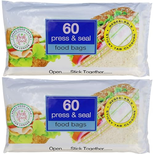 120 Press And Seal Food Bags, Re-sealable Sticky Tab Closure, Ultimate Strength. Ideal for Storing a Variety of Food Items, Keeps Food Fresh for Longer (Approx. 17cm x 20.5cm) (120 Food Bags)