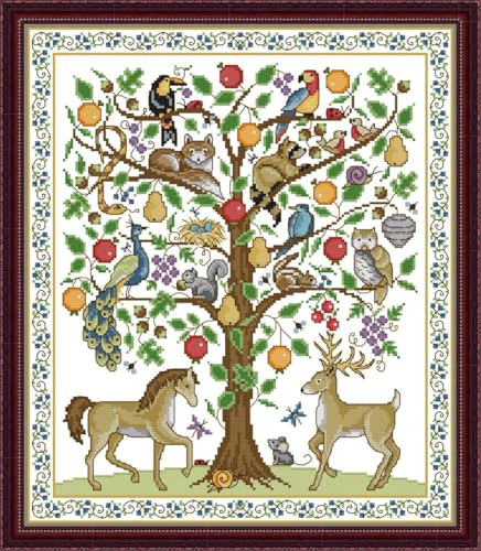 Meecaa Kreuzstich-Set, 14-fädig, geprägt, Baum des Lebens, Pferd, Pfau, Eule, Tier, Hirsch, Stickset mit Zubehör, vorgedruckt (38 x 44 cm (Baum des Lebens)