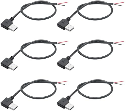 Greluma 6 Stk 90 Grad USB 2.0 Stecker,2 poliger blanker Draht,0,3m langes USB A Stecker 2 poliges Pigtail Stromkabel mit offenem Ende,für 12V/3A USB Geräte installiert oder DIY Reparaturkabel ersetzen
