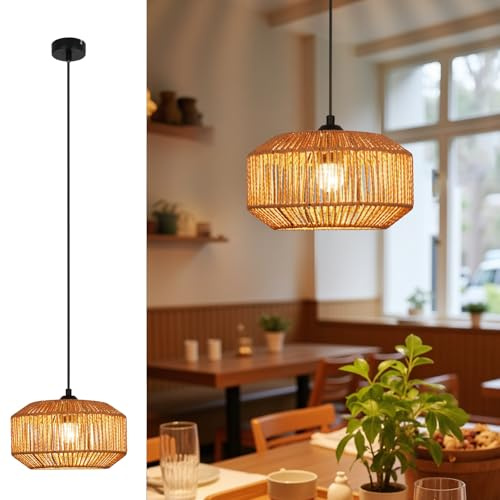 Deboola Hängelampe Vintage Pendelleuchte Esstisch - Φ25 Boho Hängeleuchte Retro 1flammig Esszimmerlampe Rattan Design mit E27 Fassung für Esszimmer Schlafzimmer Wohnzimmer Flur Küche/Ohne Leuchtmittel