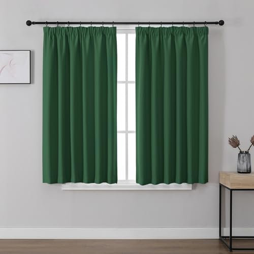 Joydeco Pencil Pleat Blackout Curtains 54 Inch Drop, Thermal Insulated Soft Short Window Treatment for Living Room Bedroom, Rod Pocket Ring Top Track Rail, Dark Green, 46 x 54 Inch - 2 Panels