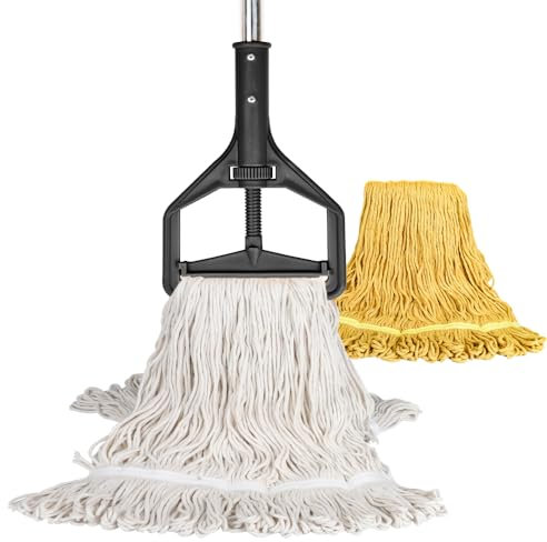 GLOHOO Mopa húmeda para limpieza de suelos, fregona resistente con 2 cabezales reutilizables, mango largo, fregona industrial de algodón para restaurante, hogar, garaje, oficina, patio, almacén