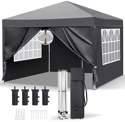 Tactfire Pavillon 3x3m,One-Touch Faltpavillon,Wasserdicht,Winterfest,UV Schutz 50+,Gartenzelt,Partyzelt,Stahlrahmen,mit 4 Seitenteilen,4 Sandbeutel,für Garten,Party,Camping,Dunkelgrau