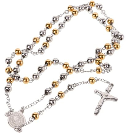HEMOTON Collana Di Battesimo Collana Di Perline Rosario Di Perline Croce Rosario a Croce Di Moda Da Donna D'oro e D'argento Acciaio Inossidabile
