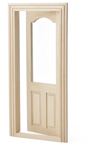 Odoria Dollhouse Front Door Miniature: 1/12 Scale Doors Glass Panel for Elf Fairy Garden Outdoor - Tiny Modern Furniture Building Model - Mini Entry Gate Unfinished Wood, Inswing