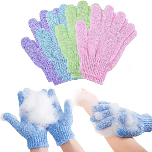 4 Paar exfolierende Badehandschuhe, Bambus-Duschhandschuhe, Exfoliator-Handschuhe, um eingewachsene Haare und tote Haut zu schrubben, exfolierende Handschuhe für Dusche-Spa-Körperscrubs (blau, rosa, l
