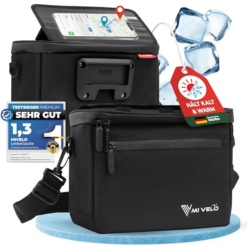 MIVELO Lenkertasche Fahrrad - Fahrradtasche Lenker - wasserabweisend & geräumig - Lenkertasche - Tasche Lenker - E-Bike tauglich - mit Handyfach (Schwarz-Isolierend, mit Adapter)