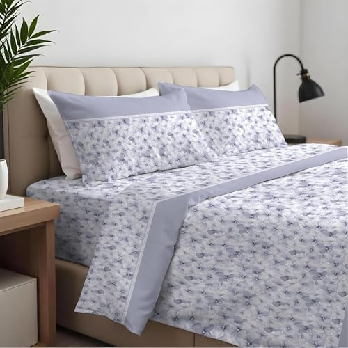 CLARA HOME Lenzuola Completo Letto Matrimoniale Colore Fiorellinea Grigio, Lenzuola Elasticizzate per Tutte le Stagioni, Completo di Federe per Guanciali
