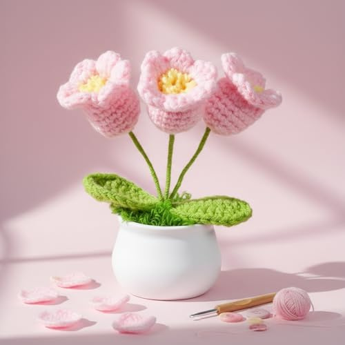 MAIBAOTA Pink Crochet Flowers Handmade Lily of The Valley | Knitted Flower Bouquet Potted Plants Birthday Gifts for Women Desk Decor Accessories