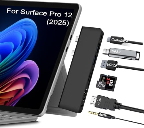 Surface Pro 12 Adaptador de concentrador USB, estación de acoplamiento con HDMI 4K, USB-C Thunderbolt 4 (pantalla+datos + 100 W PD), 2 USB 3.0, audio de 3.5 mm, ranura para tarjeta SD/TF, accesorios