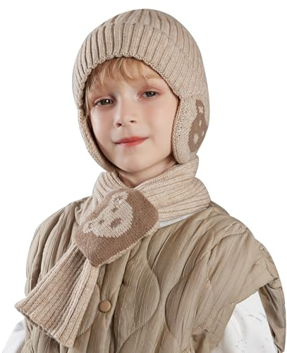 Vintermössor med halsduk för barn, fleecefodrade hattar djurmössa med öronmuffar för flickor och pojkar 4–10 år, beige, one size