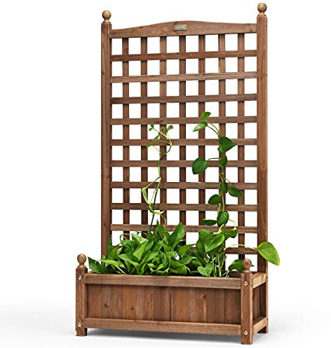 GOPLUS Blumenkasten mit Rankgitter, Hochbeet aus Tannenholz, Pflanzkasten für Kletterpflanzen, Gartenbett mit Drainagelöchern & Sichtschutz, Rankkasten Gartenspalier für Terrasse, Balkon, Dunkelbraun