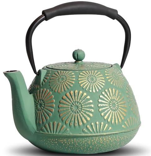 Juego De Té Teteras Para Revestimiento De Hojas Sueltas Con Interior Esmaltado, Tetera Hierro Fundido Verde 1200 Ml, Diseño Sakura Juegos De Té Para Adultos(Type-B)